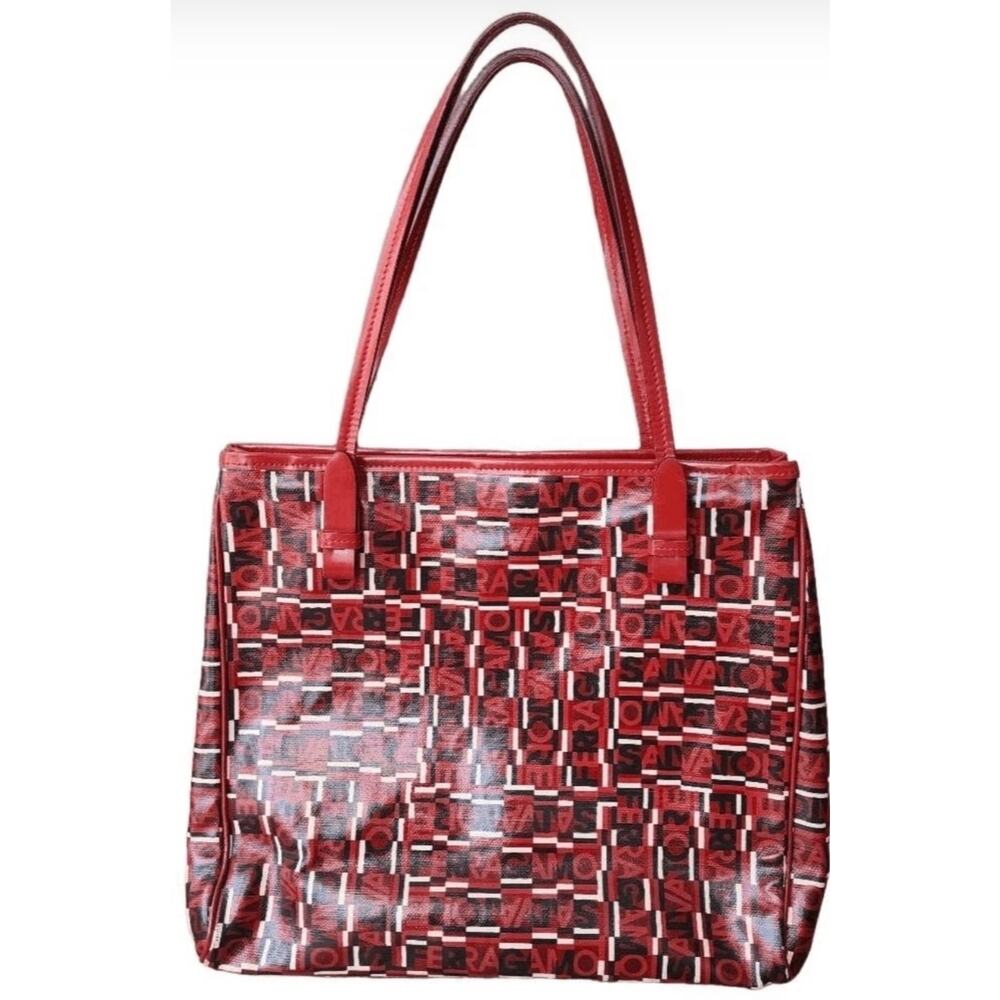 Authentic Vintage Salvatore Ferragamo Red Logogram Canvas Shoulder Tote Bag